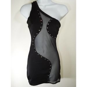 Sheer Black Bodycon Dress with Rhinestones